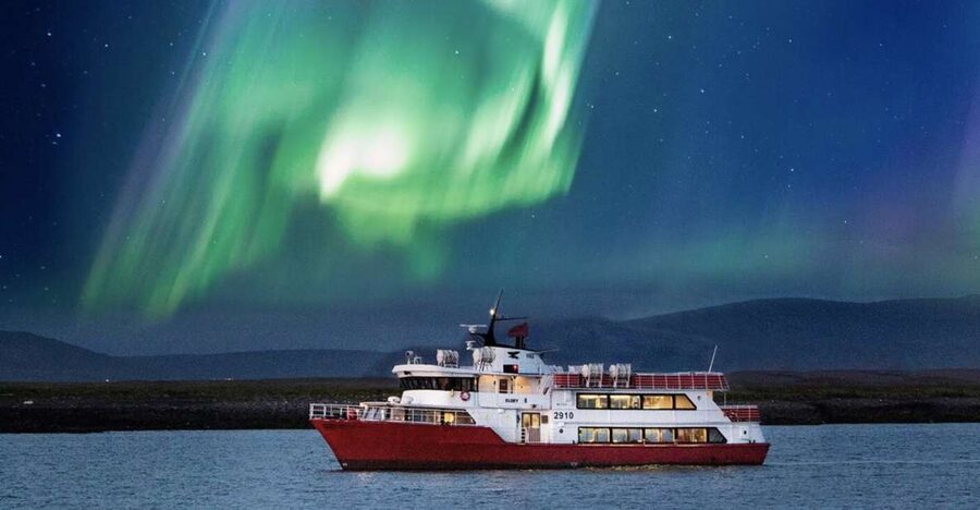 Reykjavík: Northern Lights Cruise - The Imagine Peace Tower from the water